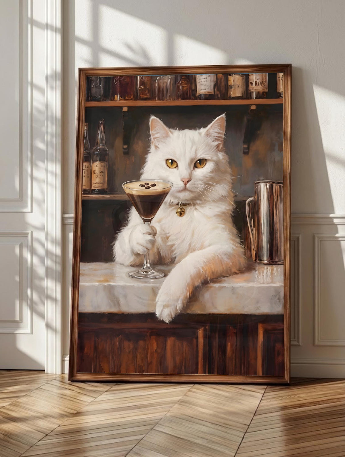 White cat wall art: a white cat presiding over a 1960s Italian bar with a martini