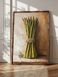 Asparagus wall art: a fresh bundle tied with jute twine on cream linen, framed canvas print