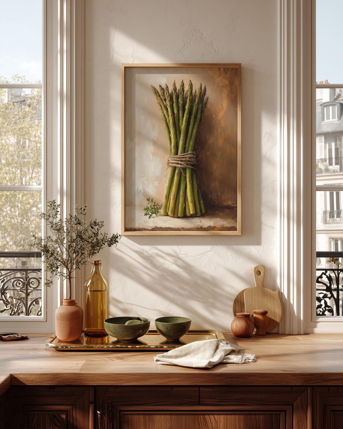 Oil-painting style green asparagus printed on cotton canvas, made to order
