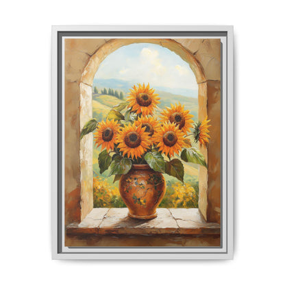 Sunflower wall art framed canvas print in a white wood frame