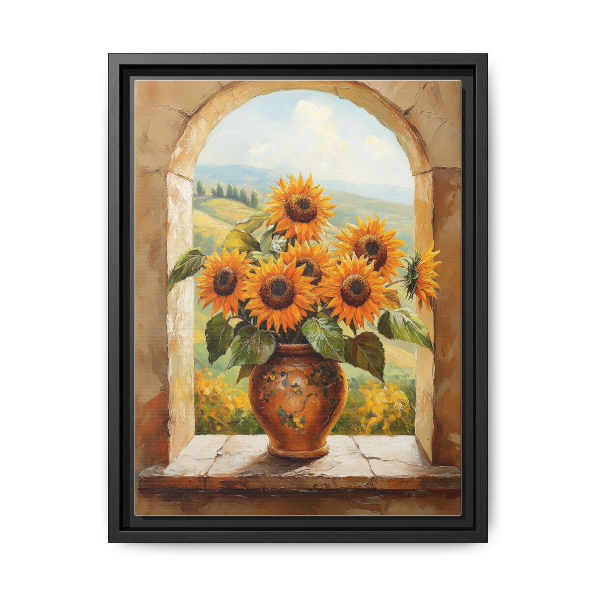 Sunflower wall art framed canvas print in a black wood frame