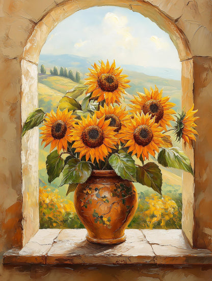 Tuscan still life canvas print with a stone arch window behind the blooms