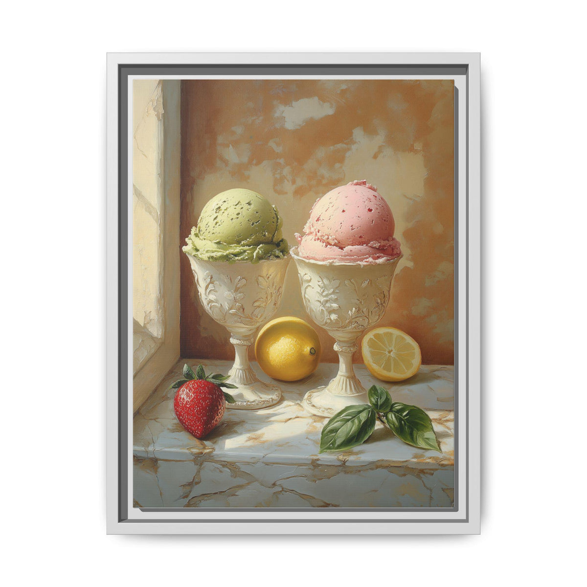 Gelato wall art framed canvas print in a white wood frame