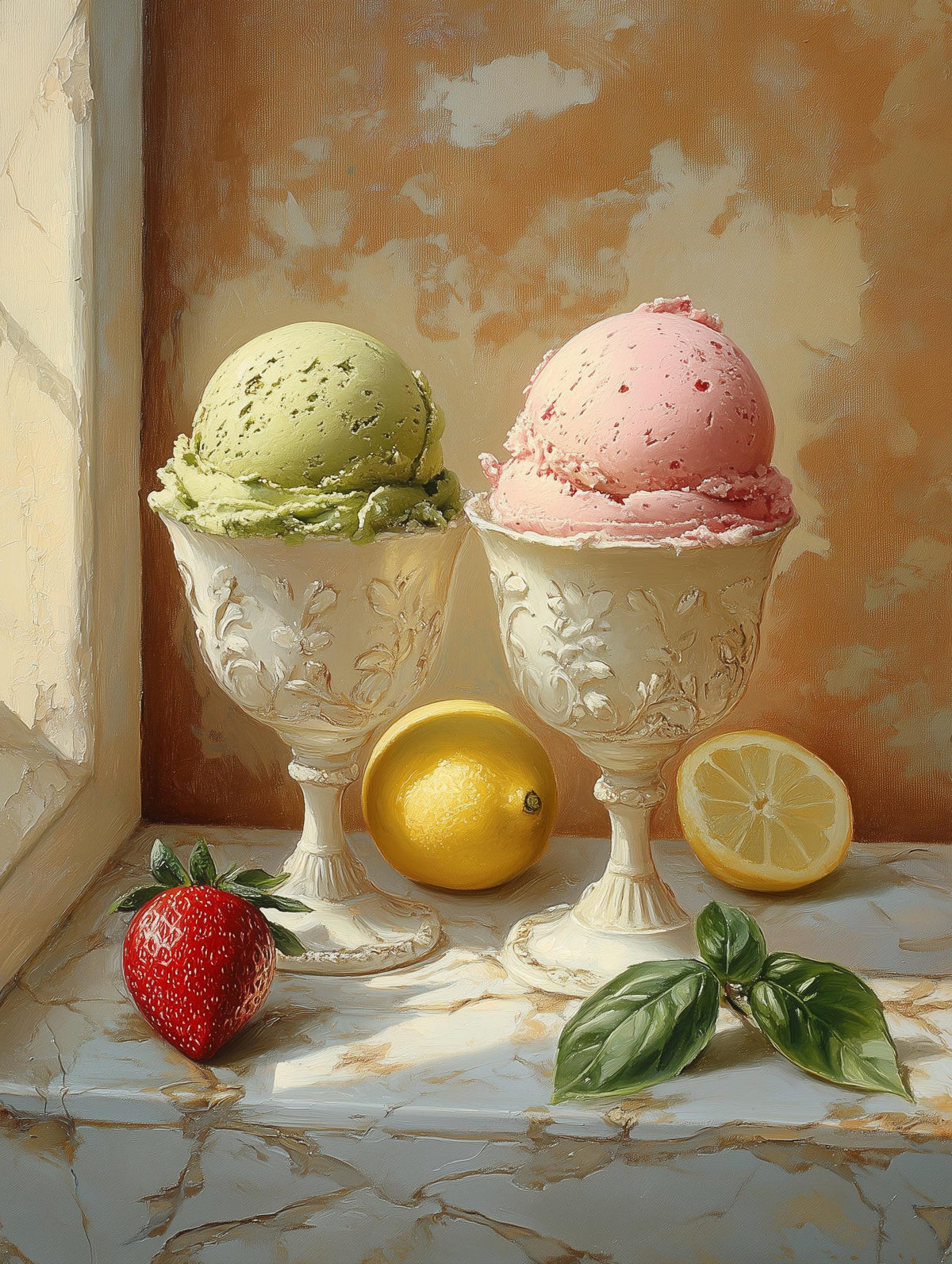 Warm painterly Italian gelato still life on sunlit marble, soft pinks and greens