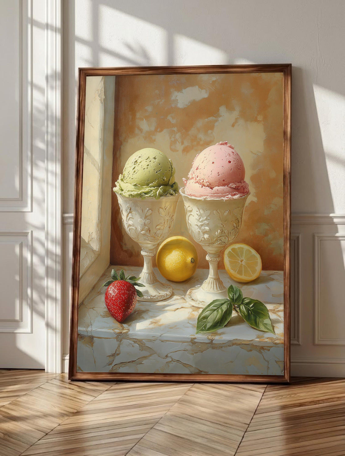 Gelato wall art: pistachio and strawberry scoops in white ceramic coupes, framed canvas