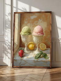 Gelato wall art: pistachio and strawberry scoops in white ceramic coupes, framed canvas