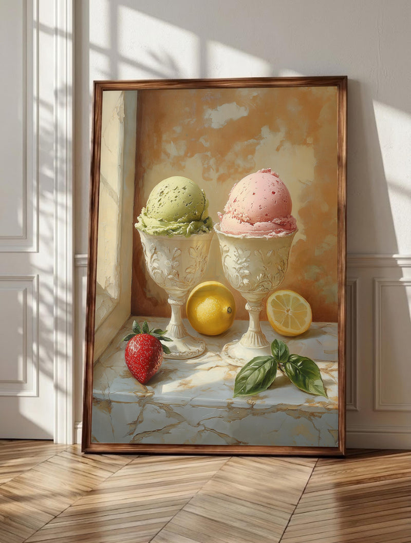 Gelato wall art: pistachio and strawberry scoops in white ceramic coupes, framed canvas