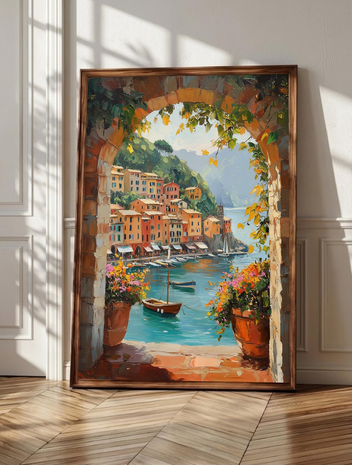 Portofino wall art: a stone arch framing the Italian Riviera harbour