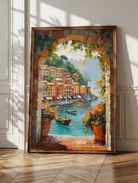 Portofino wall art: a stone arch framing the Italian Riviera harbour