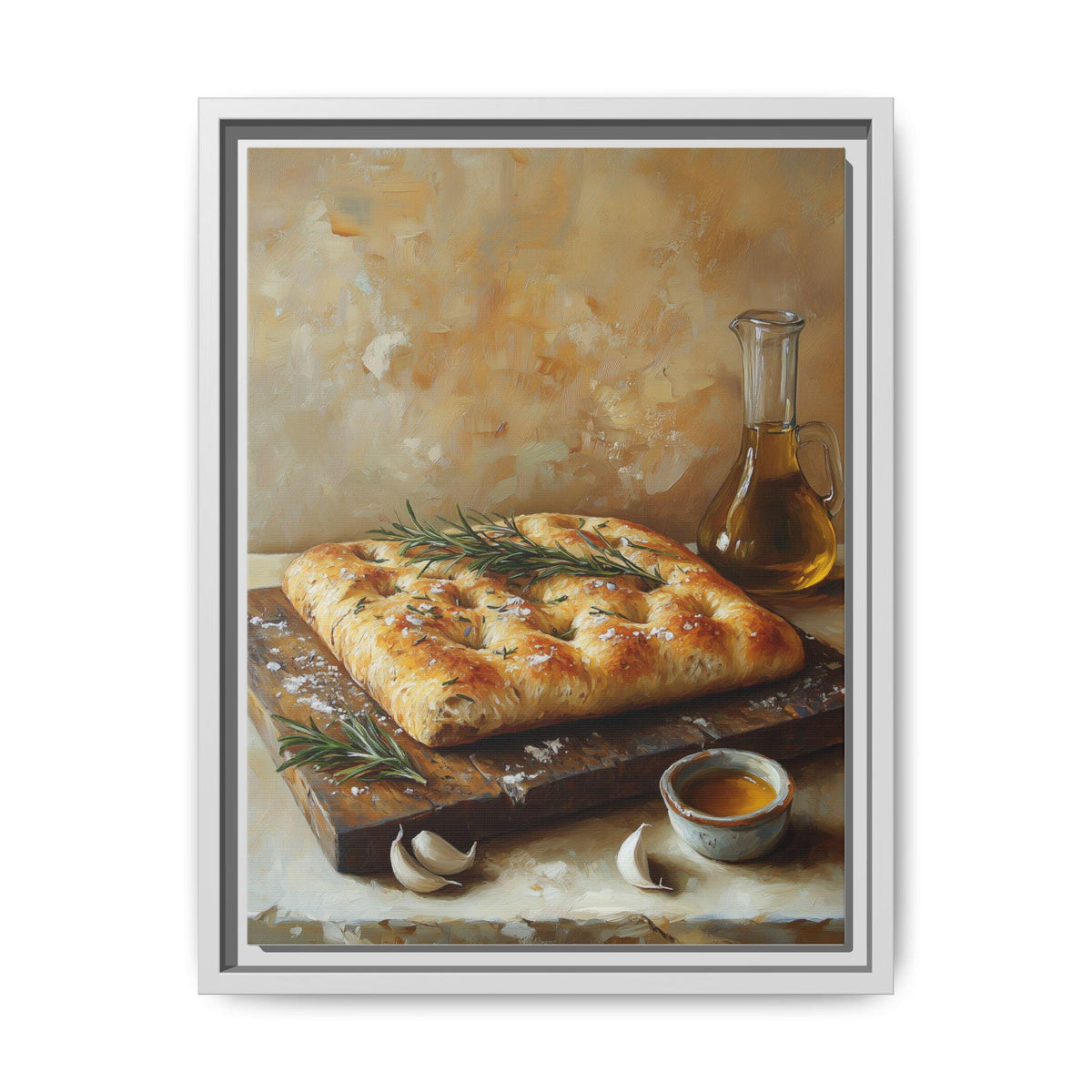 Focaccia wall art framed canvas print in a white wood frame