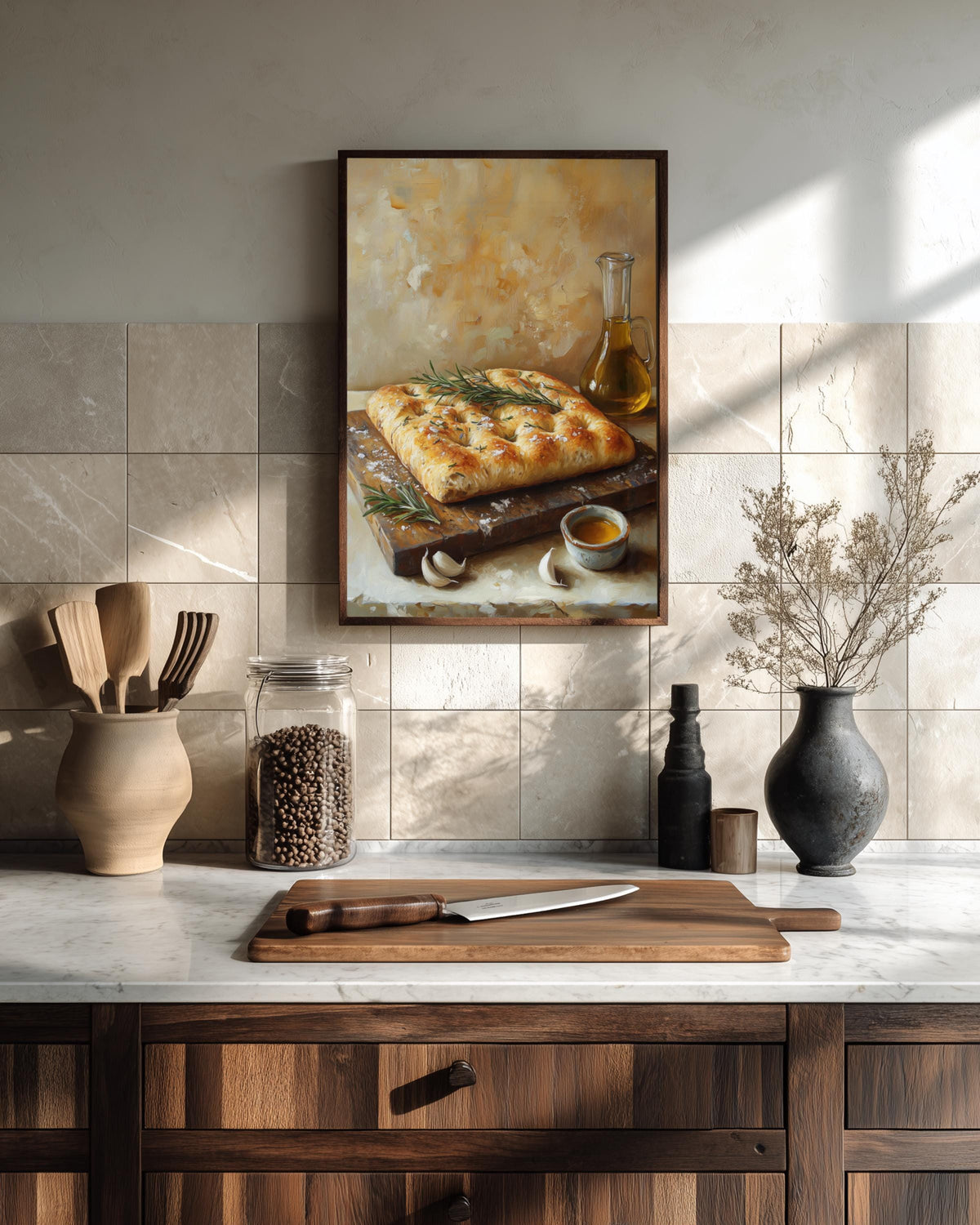 Oil-painting style bread still life in wheat gold and olive green, made to order