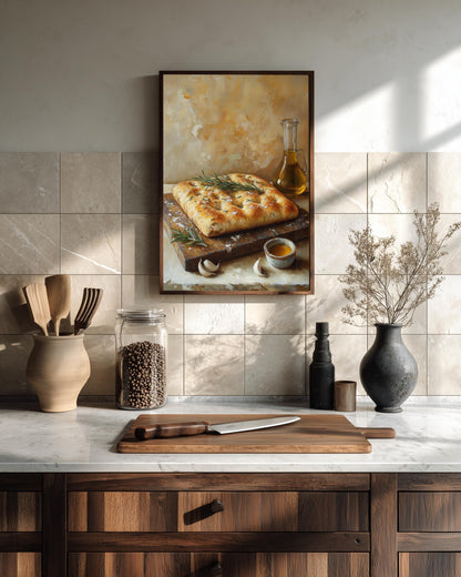 Oil-painting style bread still life in wheat gold and olive green, made to order