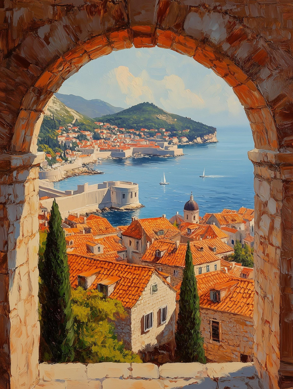 Painterly Croatia canvas print with the cobalt Adriatic beyond the old walls