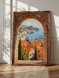 Dubrovnik wall art: a medieval stone arch opening onto terracotta rooftops and the sea