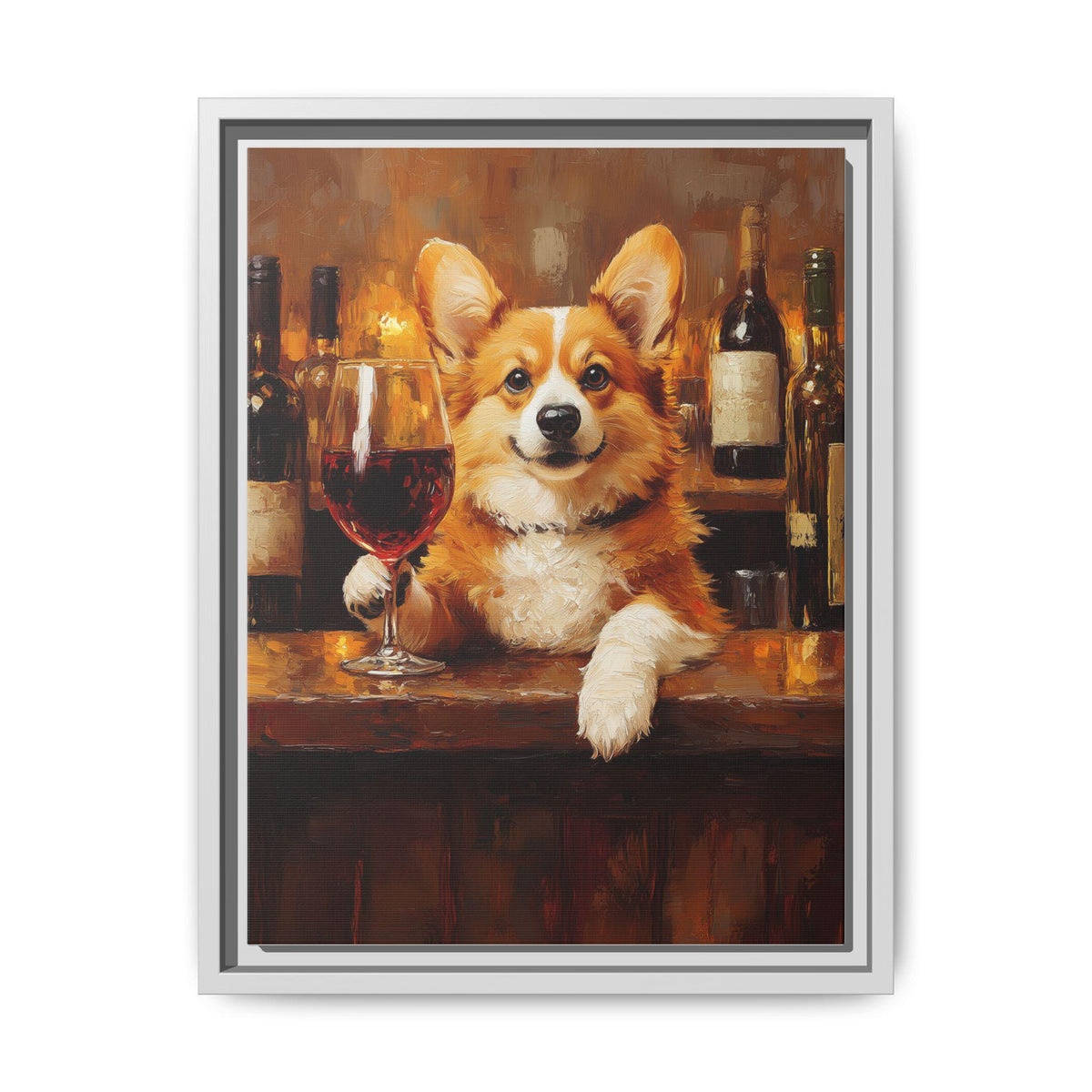Corgi Wine art framed canvas print in a white wood frame