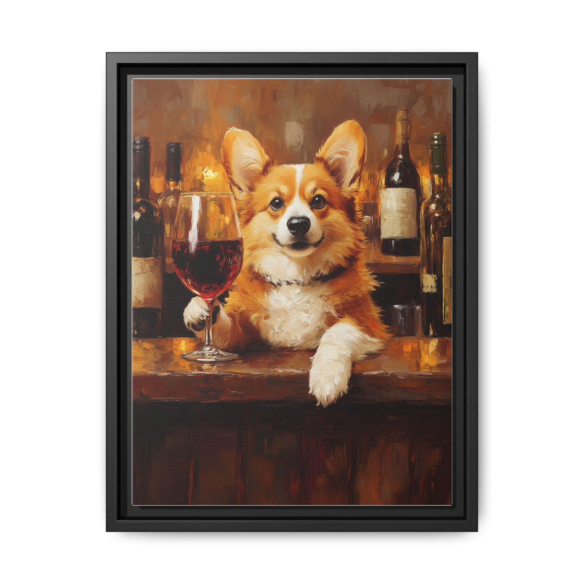 Corgi Wine art framed canvas print in a black wood frame