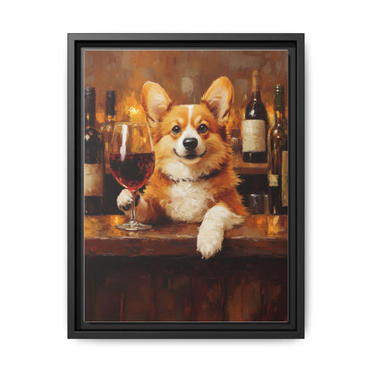 Corgi Wine art framed canvas print in a black wood frame