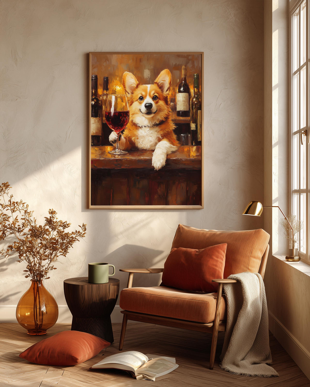 Oil-painting style dog portrait with a wine glass, framed in solid wood and ready to hang