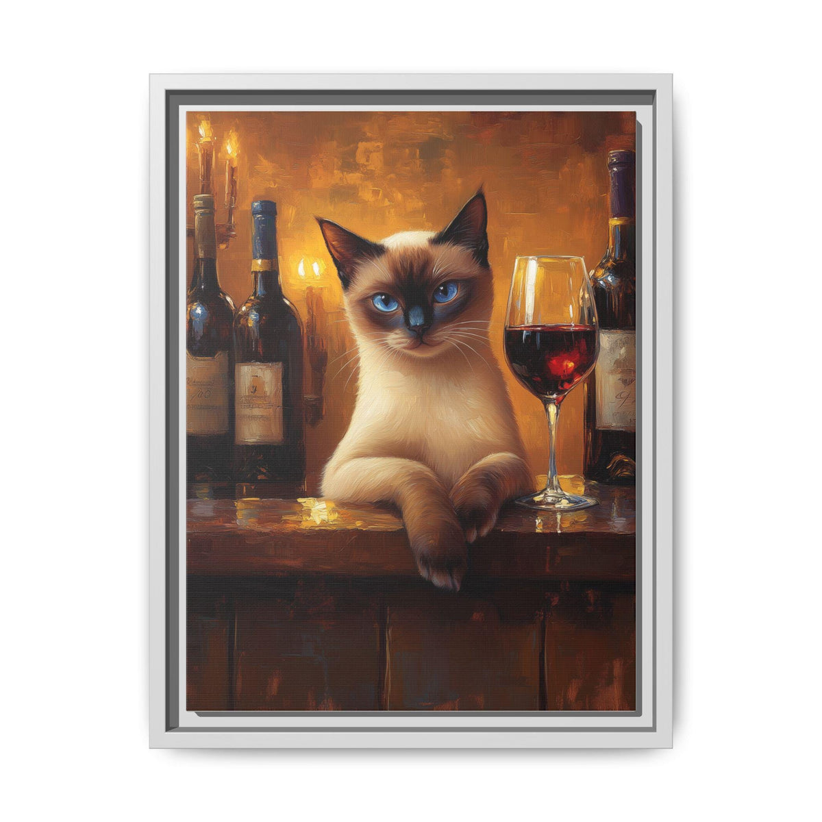 Siamese Cat wall art framed canvas print in a white wood frame