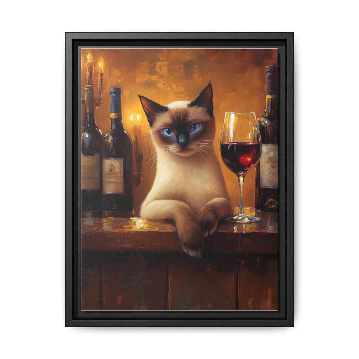 Siamese Cat wall art framed canvas print in a black wood frame