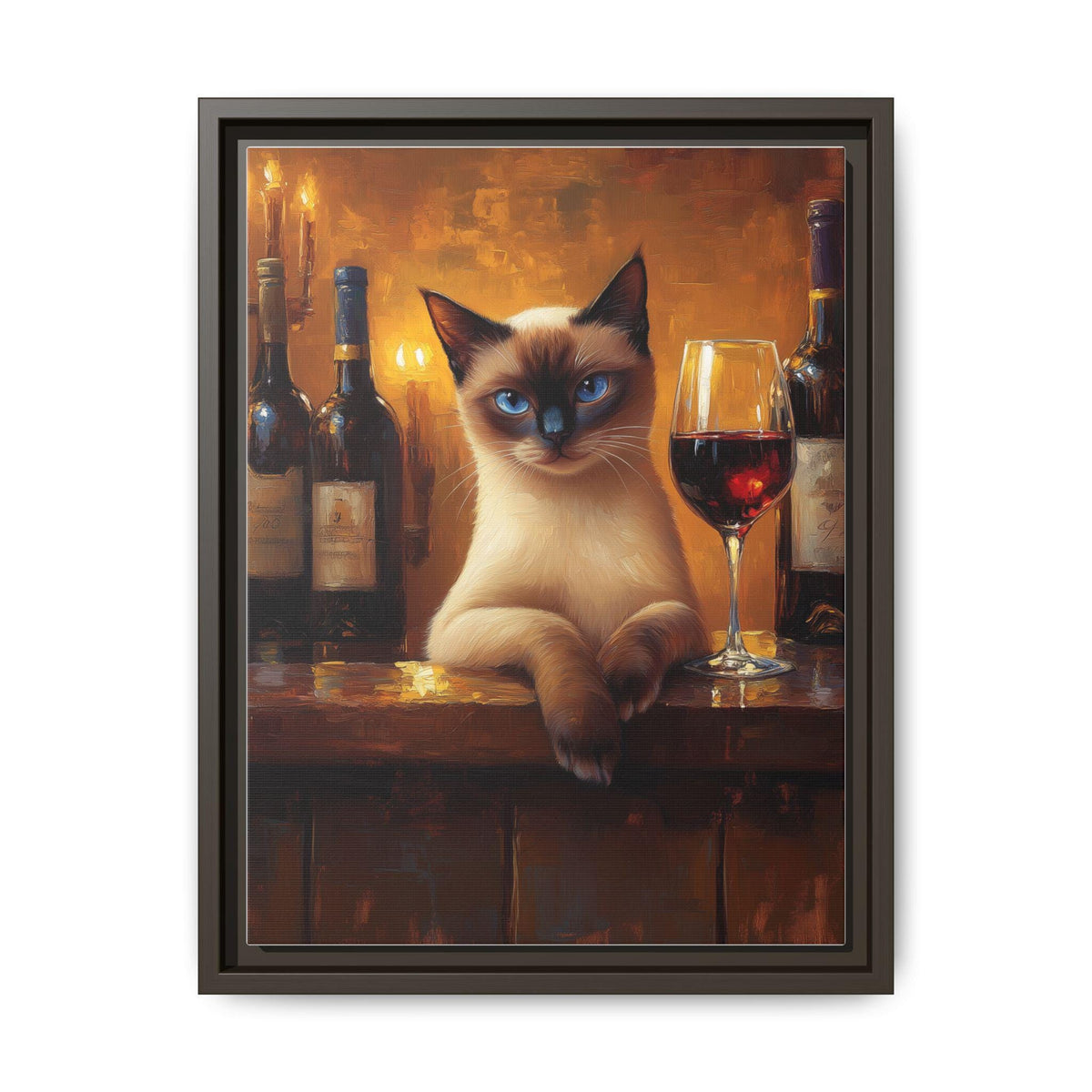 Siamese Cat wall art framed canvas print in an espresso wood frame