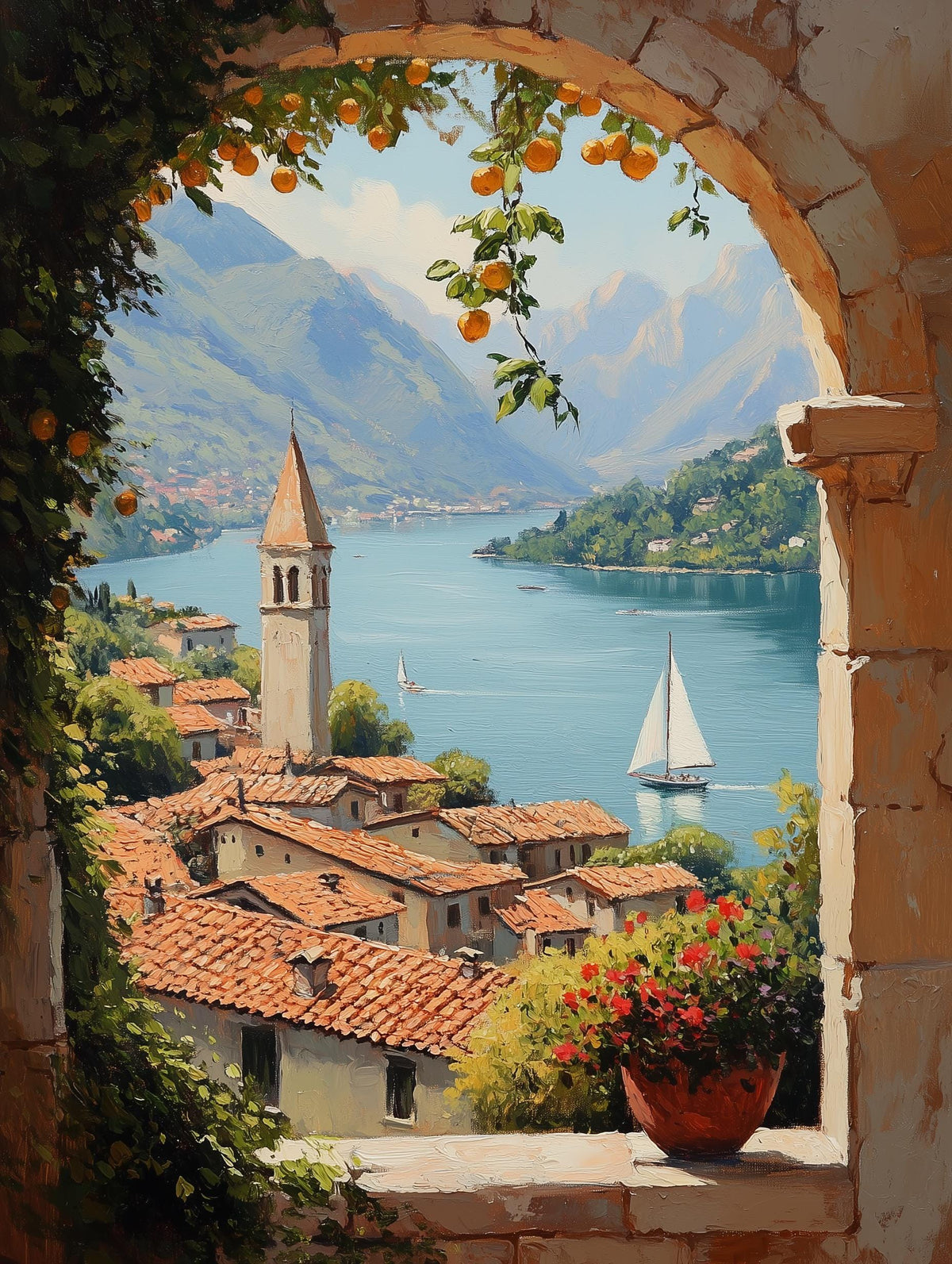 Painterly Italian lake view with Dolomite peaks rising beyond the water