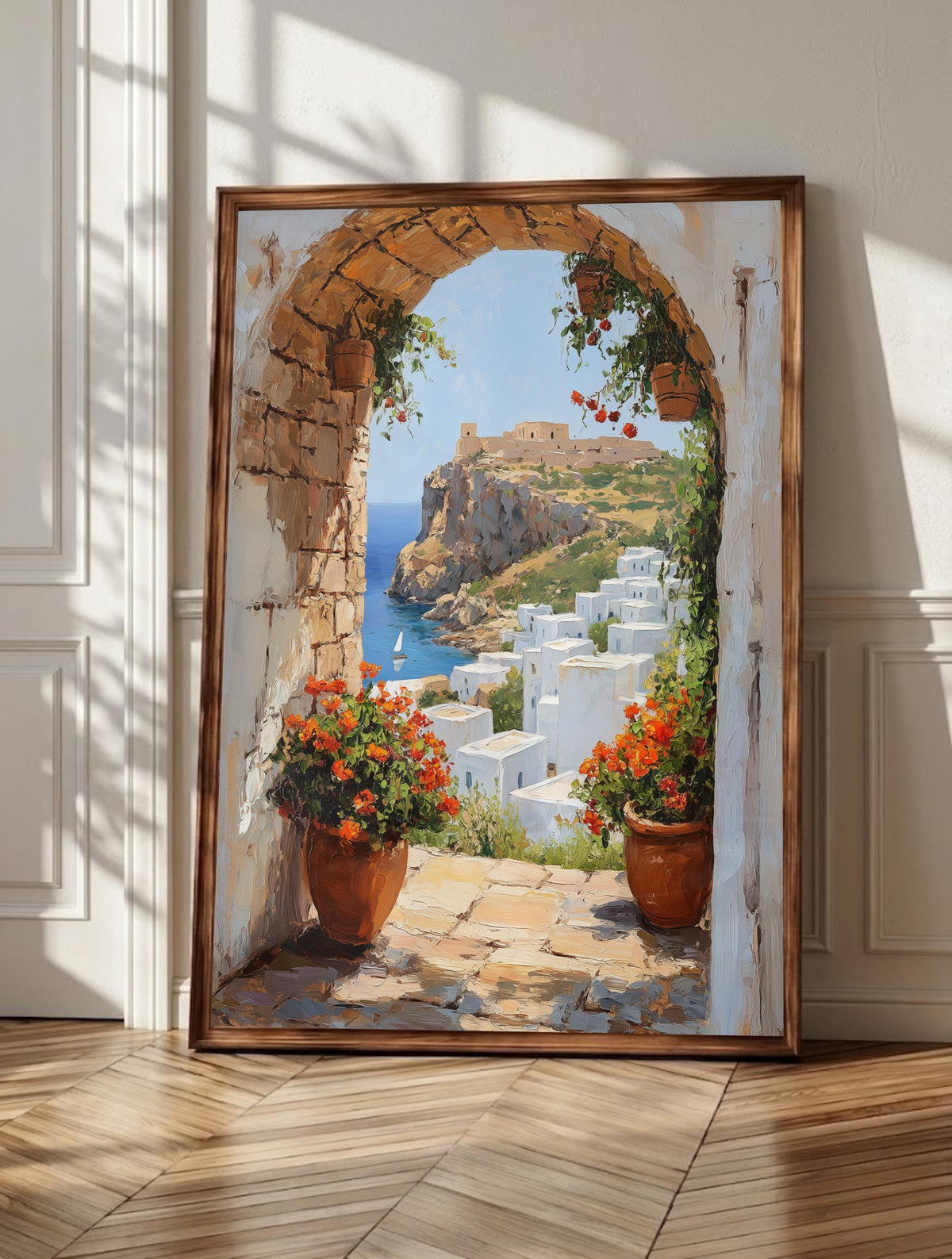 Rhodes wall art: a rustic stone arch framing white Lindos and the Aegean