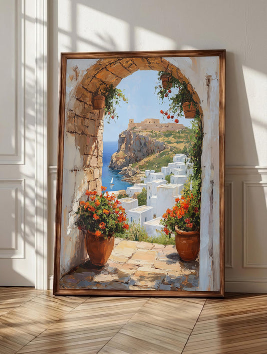 Rhodes wall art: a rustic stone arch framing white Lindos and the Aegean