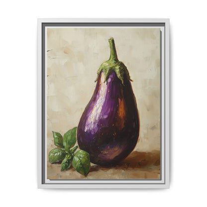 Eggplant wall art framed canvas print in a white wood frame