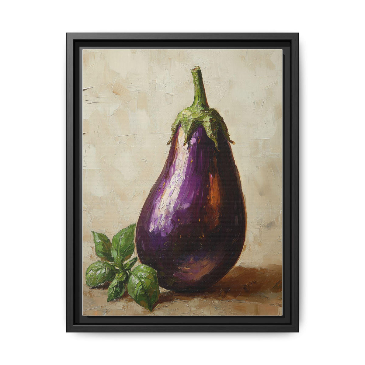Eggplant wall art framed canvas print in a black wood frame