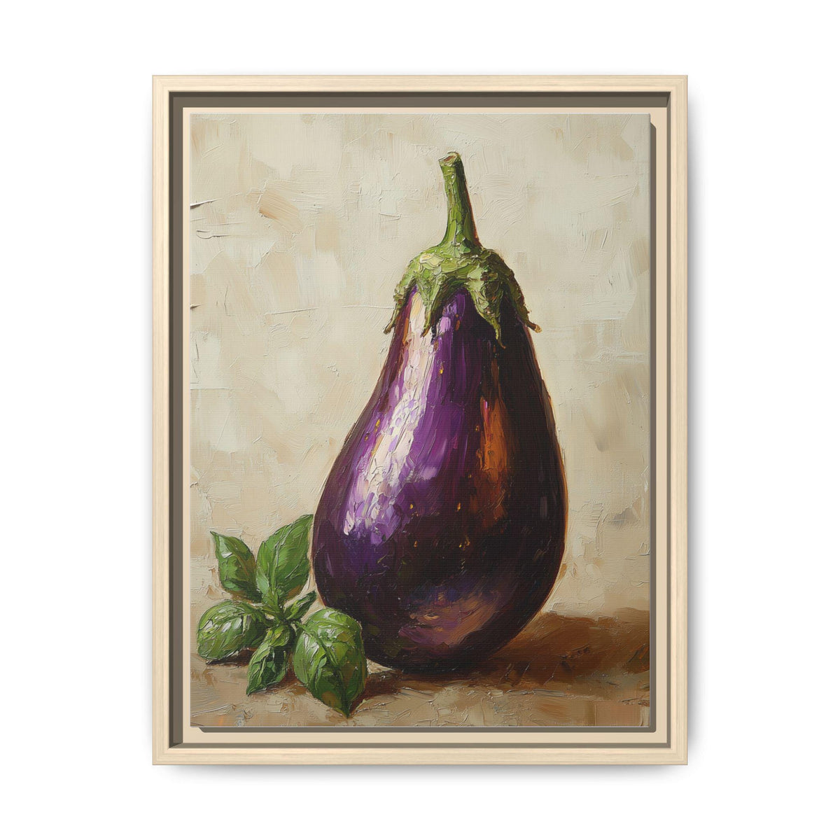 Eggplant wall art framed canvas print in a natural wood frame
