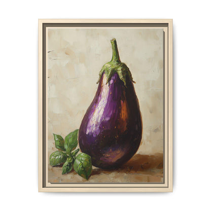 Eggplant wall art framed canvas print in a natural wood frame