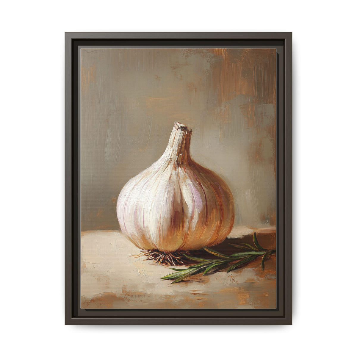 Garlic wall art framed canvas print in an espresso wood frame