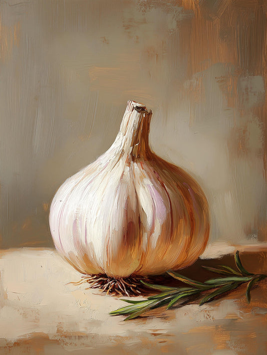 Painterly Mediterranean kitchen canvas print of one humble garlic head