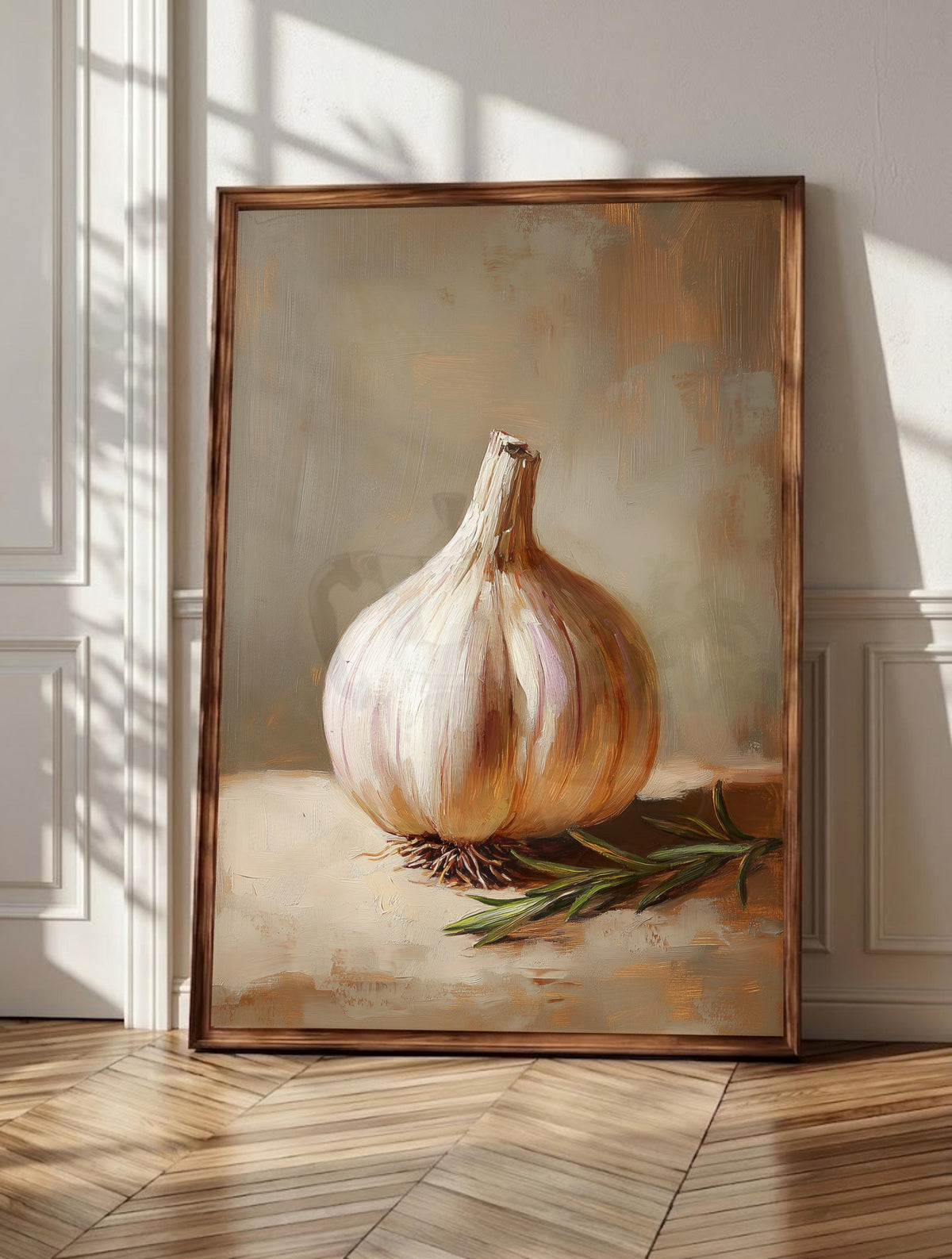 Garlic wall art: a single garlic bulb left on the counter in warm white and lavender
