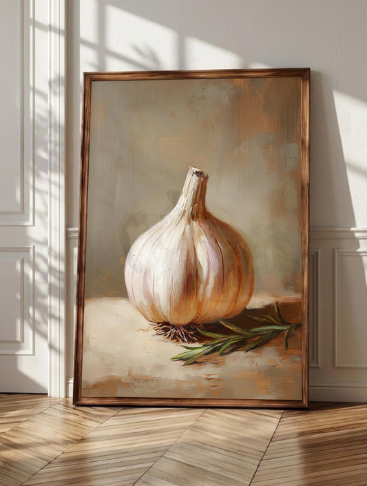 Garlic wall art: a single garlic bulb left on the counter in warm white and lavender