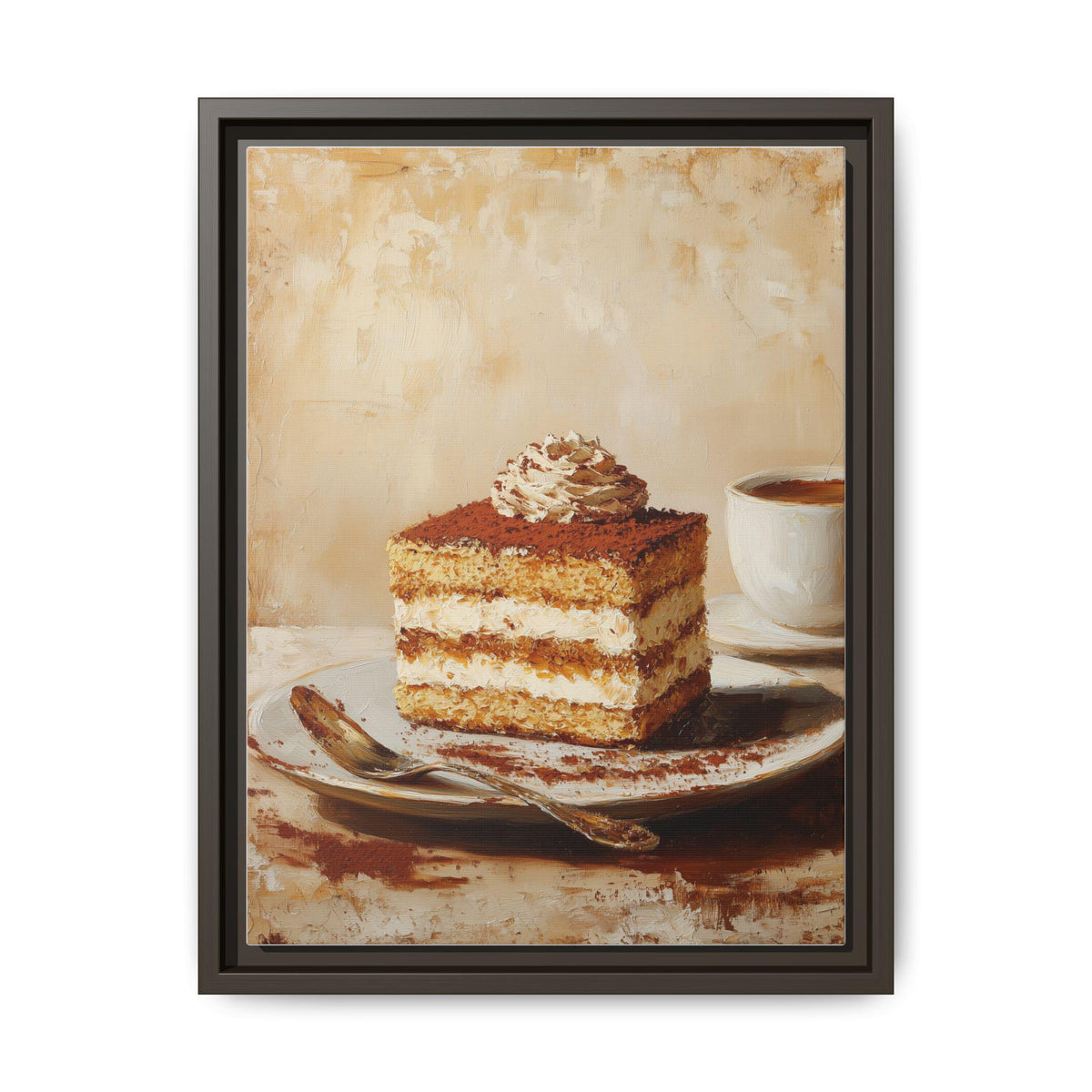 Tiramisu framed canvas print in an espresso wood frame