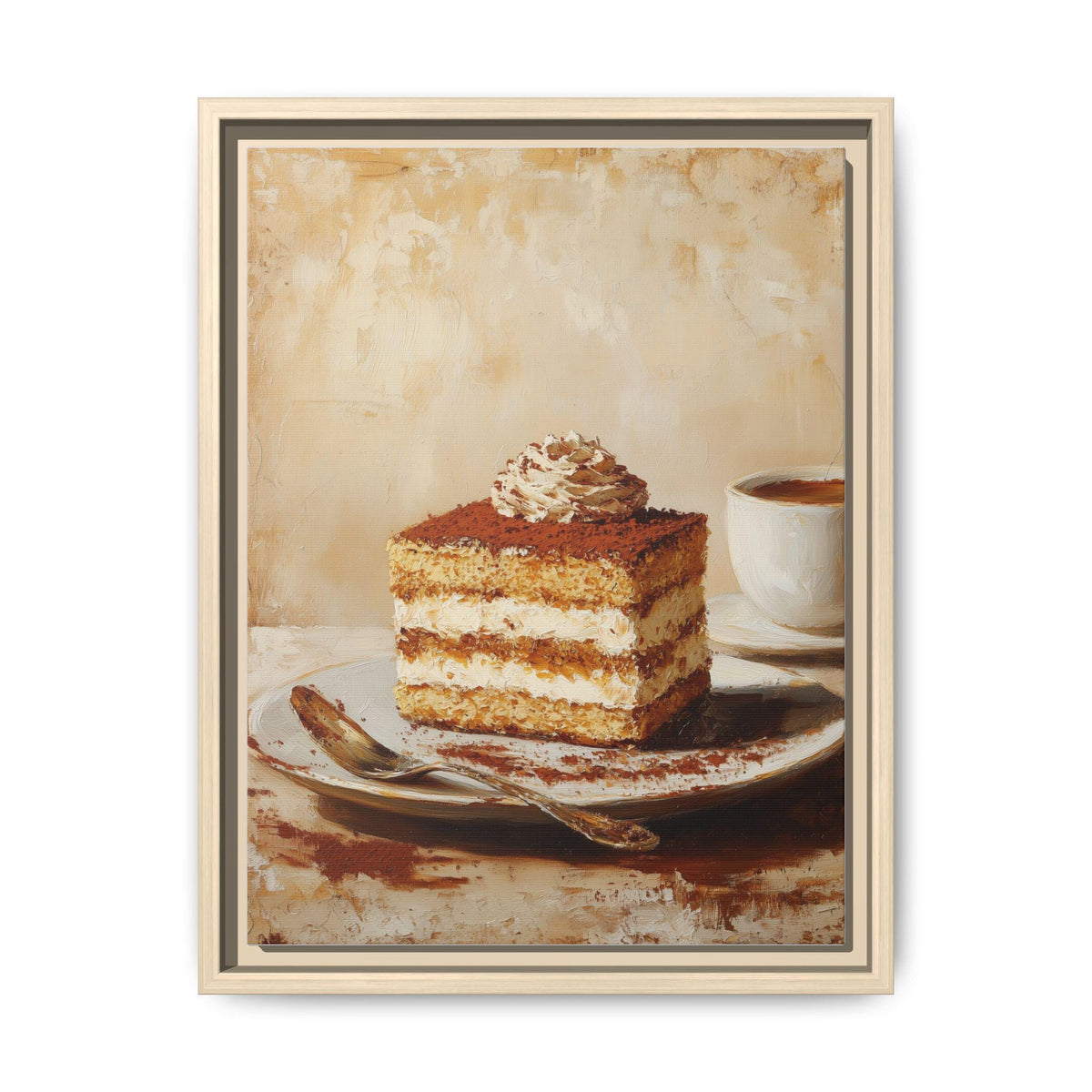 Tiramisu framed canvas print in a natural wood frame