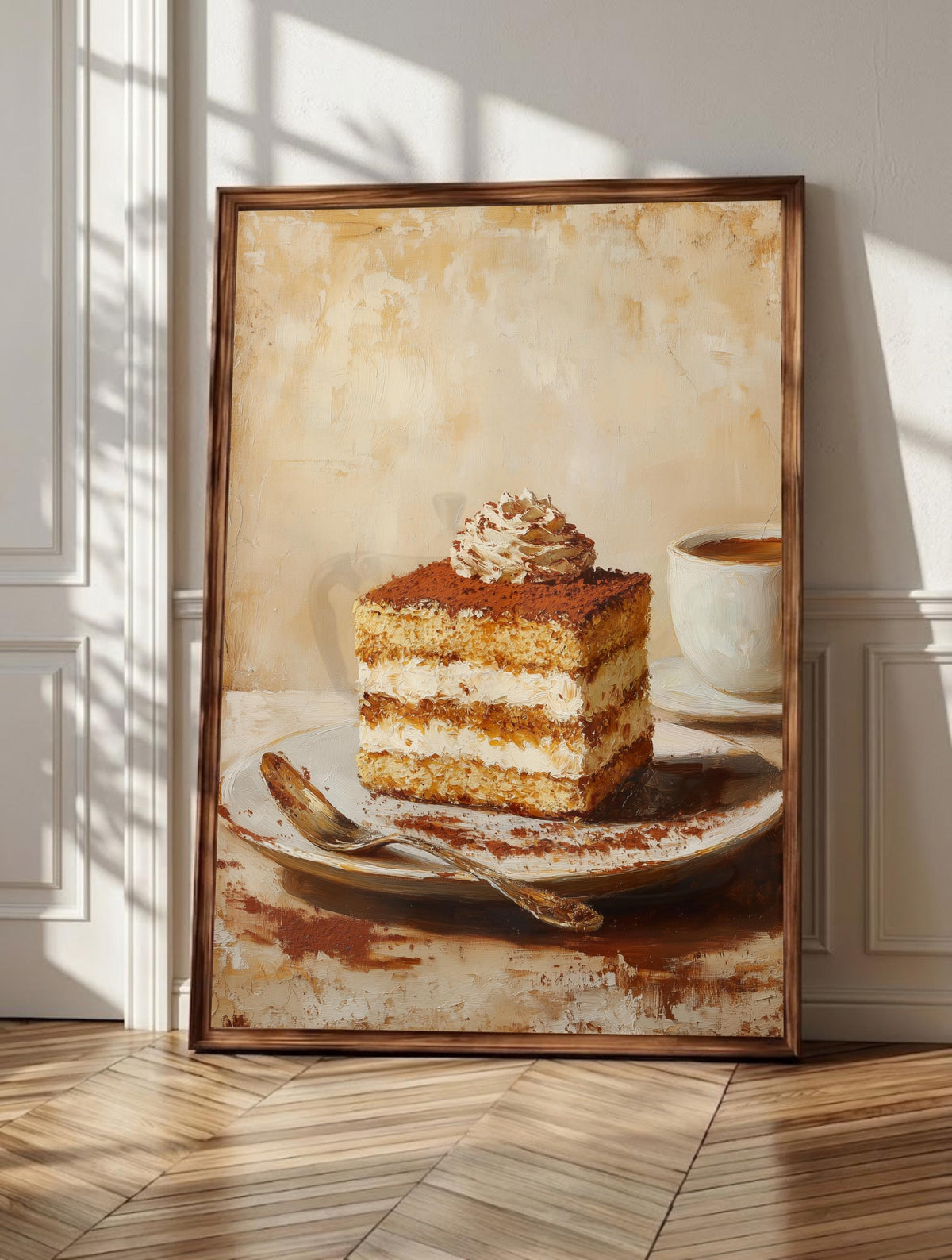 Tiramisu wall art: an Italian dessert still life in cream and espresso tones