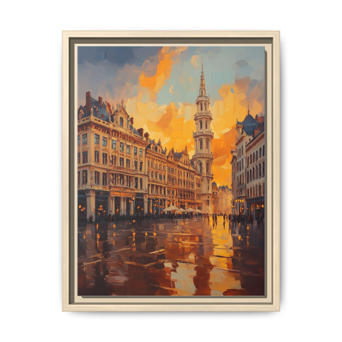 Brussels wall art framed canvas print in a natural wood frame