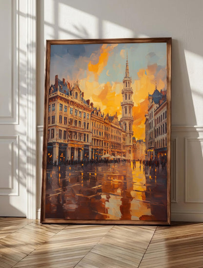 Brussels wall art: Grand Place guild house facades at golden hour, framed canvas print