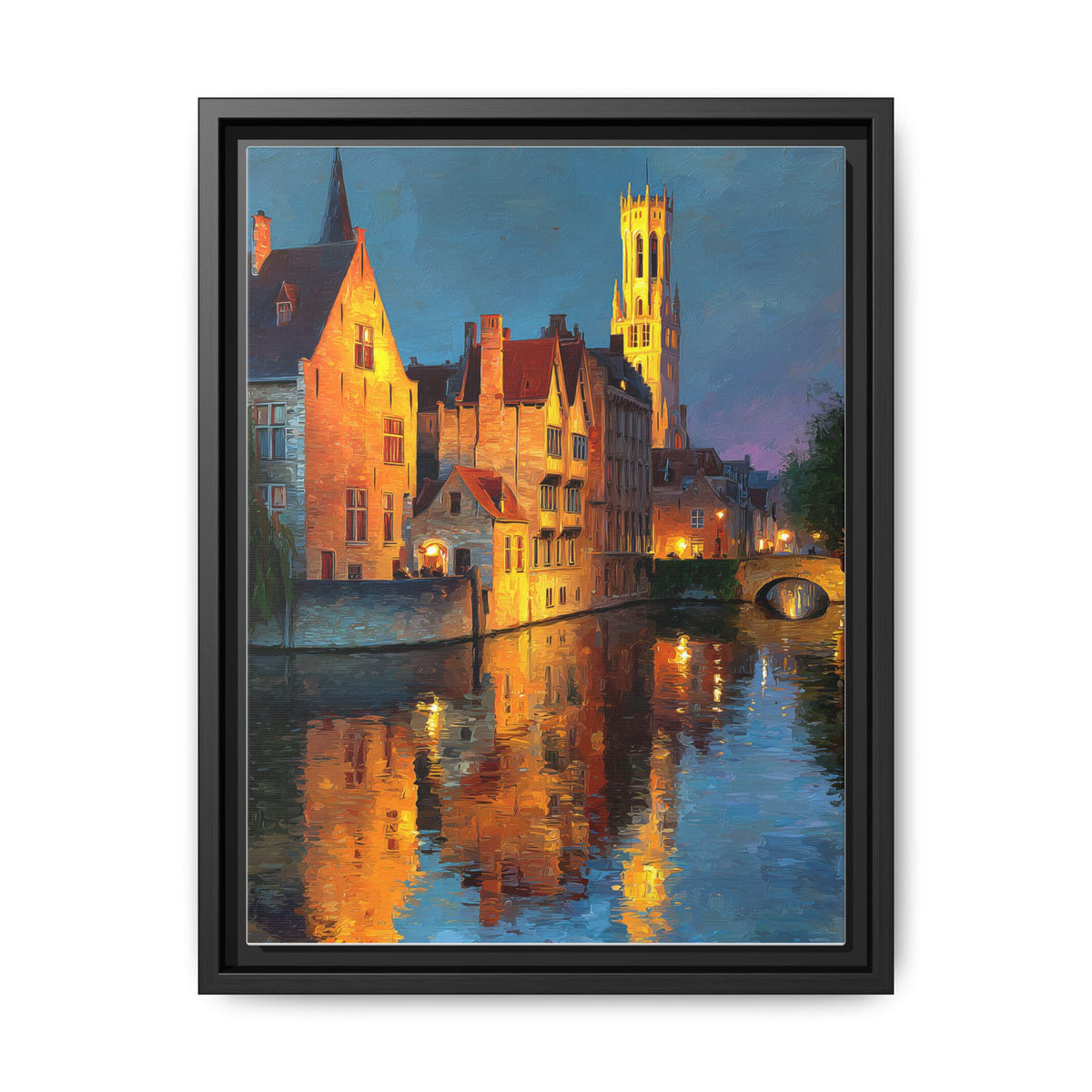 Bruges wall art framed canvas print in a black wood frame