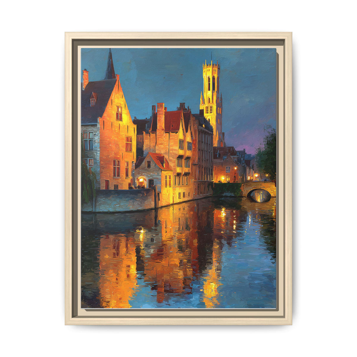 Bruges wall art framed canvas print in a natural wood frame