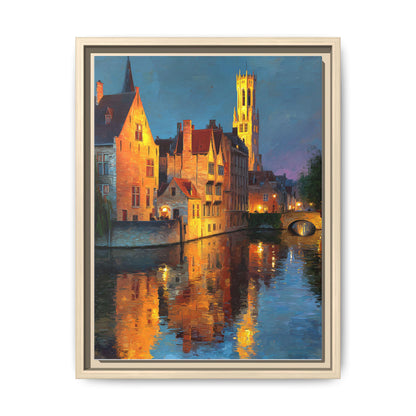 Bruges wall art framed canvas print in a natural wood frame