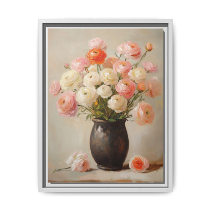 Ranunculus wall art framed canvas print in a white wood frame