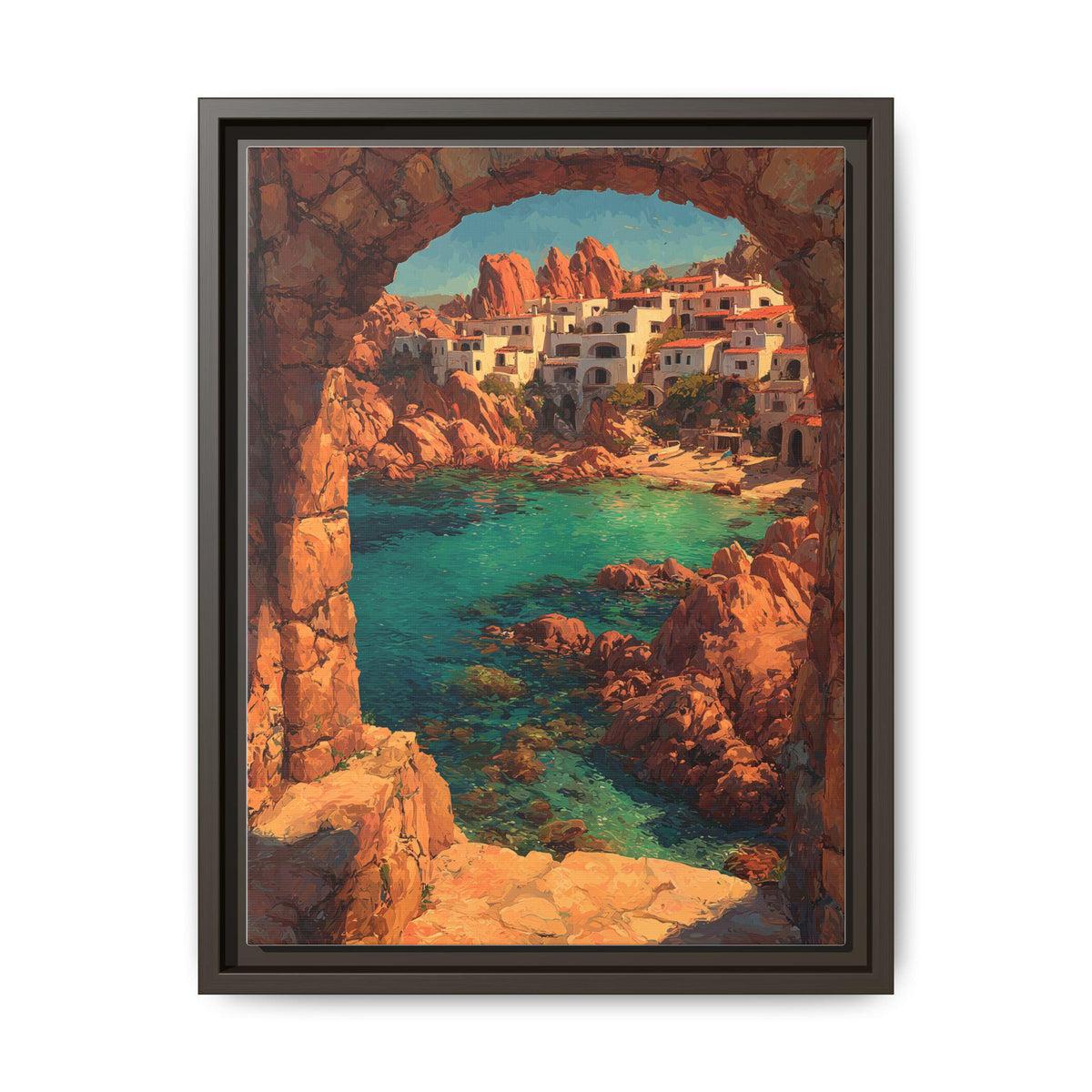 Sardinia wall art framed canvas print in an espresso wood frame