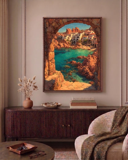 Sardinia coastal framed canvas in a handmade solid wood frame, ready to hang