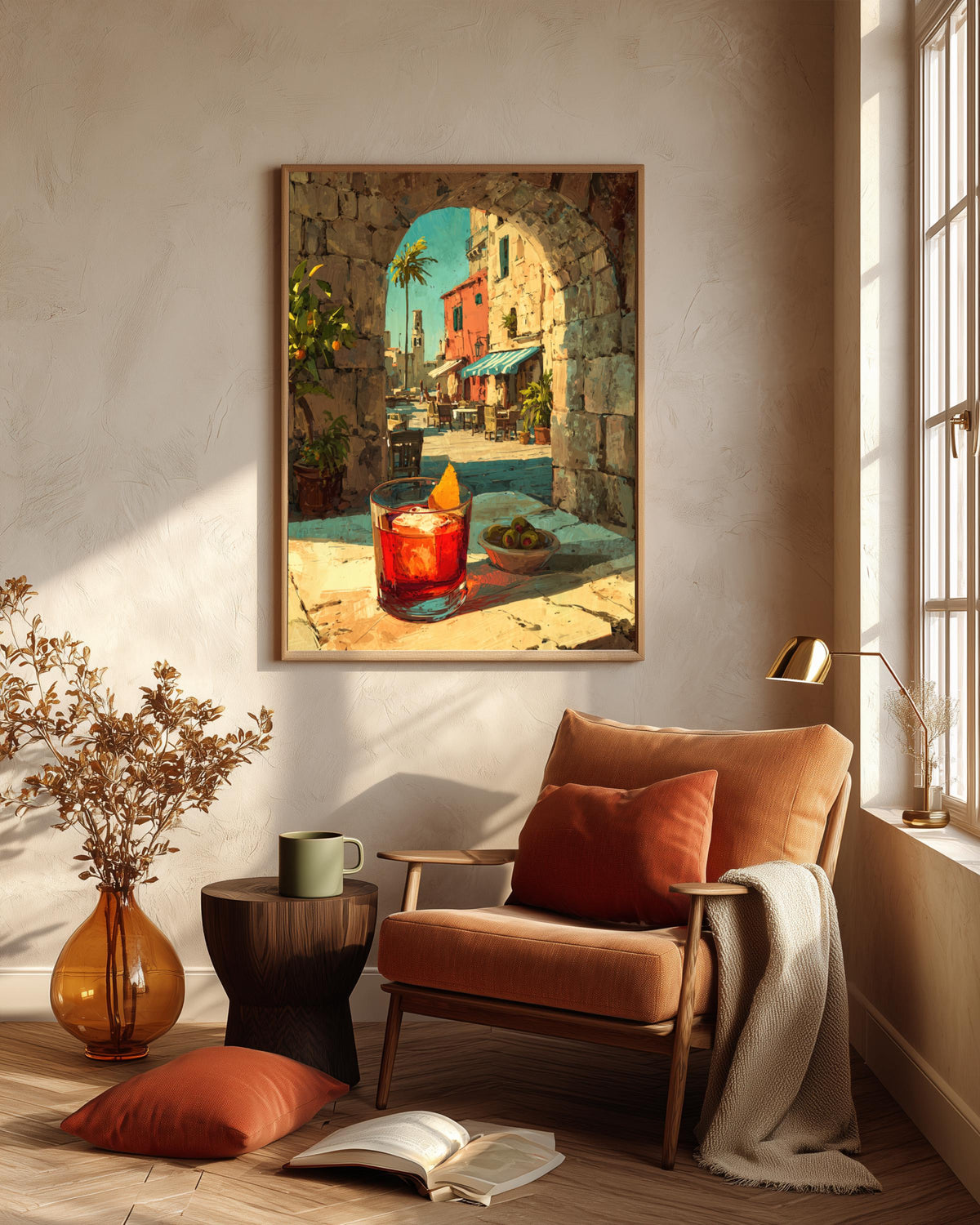 Aperitivo hour art print made to order in seven sizes, warm amber and deep red tones