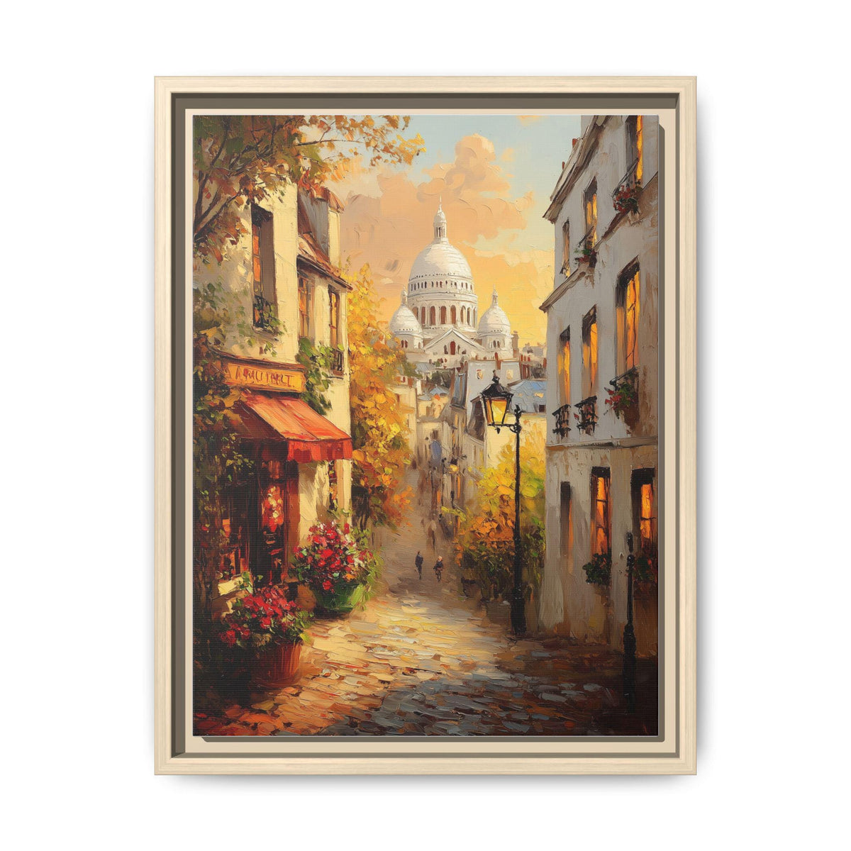 Montmartre wall art framed canvas print in a natural wood frame