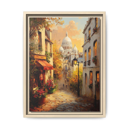 Montmartre wall art framed canvas print in a natural wood frame